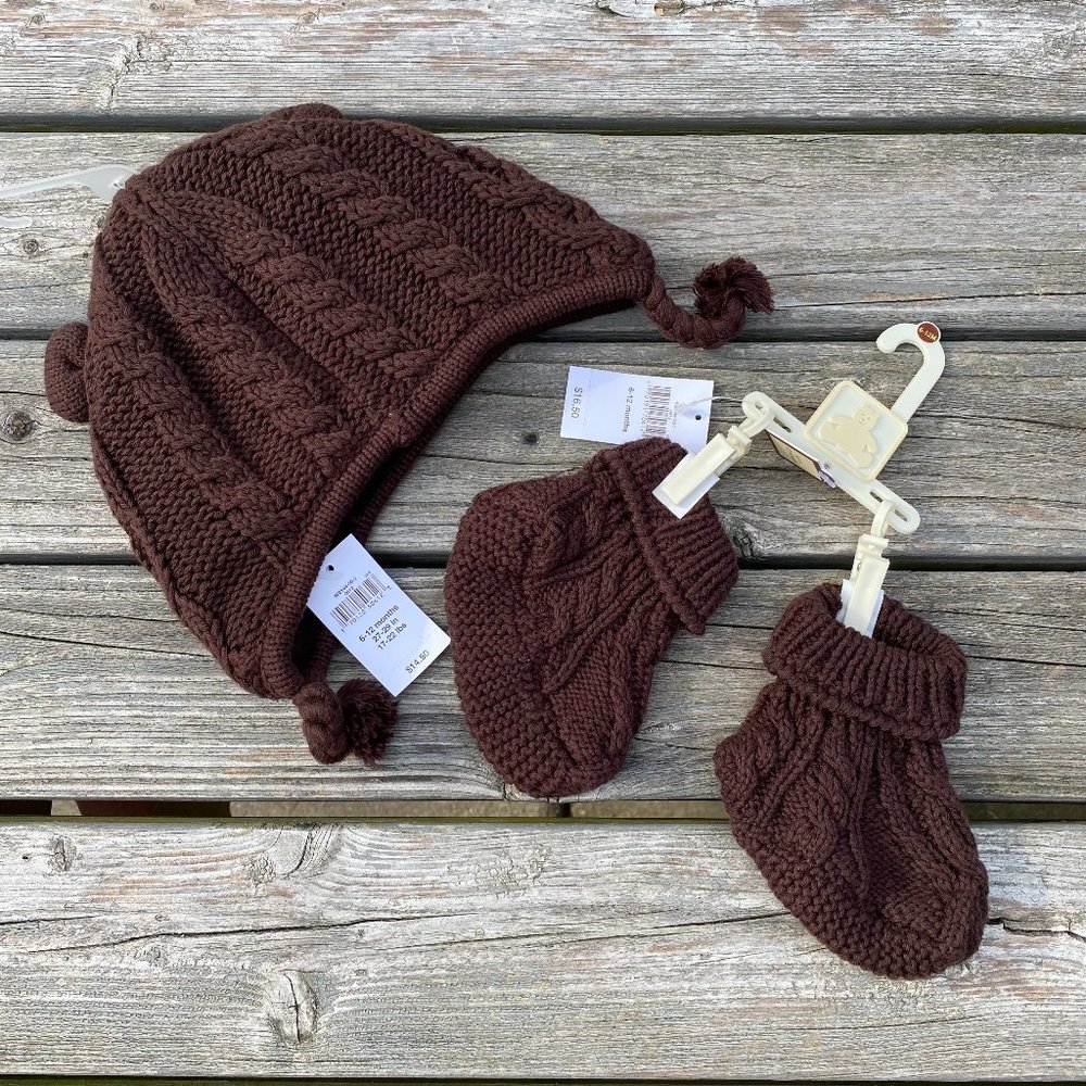 Gap Brown Knit Hat with Ears & Booties for Baby